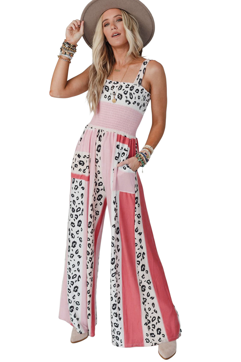 Pink Leopard Color Block Mix Print Pocketed Jumpsuit - Nicole Lee Apparel