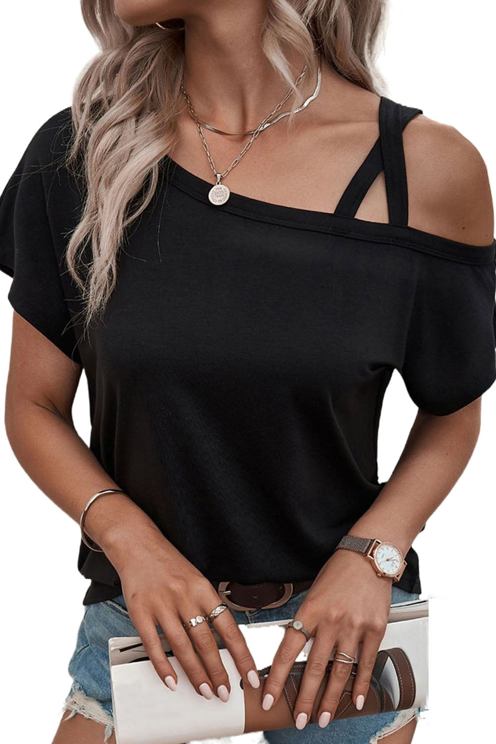 Rose Asymmetric Criss Cross One Shoulder T Shirt - Nicole Lee Apparel