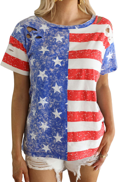 Stripe American Flag Print Distressed Crew Neck T Shirt - Nicole Lee Apparel