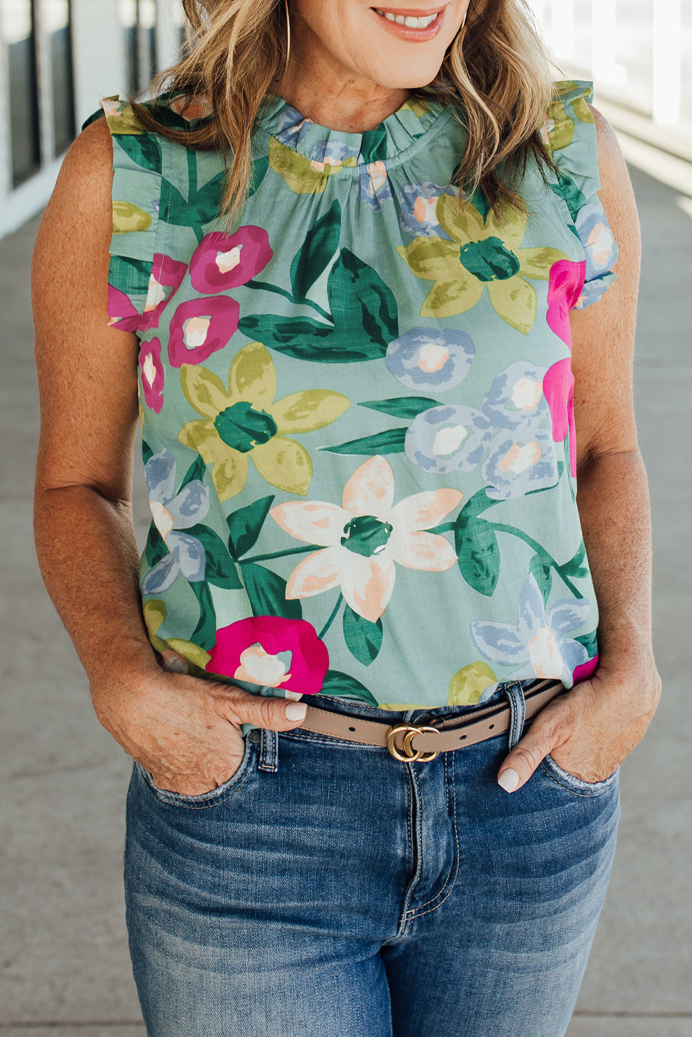 Green Floral Print Ruffle Trim Tank Top - Nicole Lee Apparel