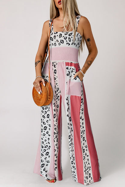 Pink Leopard Color Block Mix Print Pocketed Jumpsuit - Nicole Lee Apparel