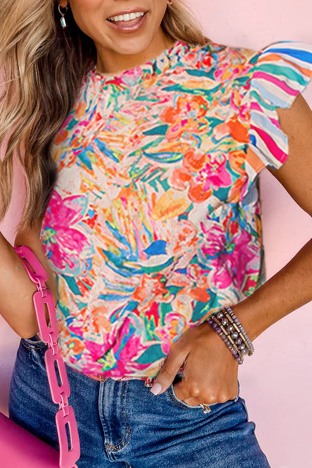Multicolor Abstract Striped Patchwork Ruffled Short Sleeve Blouse - Nicole Lee Apparel