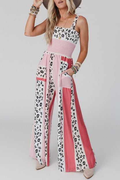 Pink Leopard Color Block Mix Print Pocketed Jumpsuit - Nicole Lee Apparel