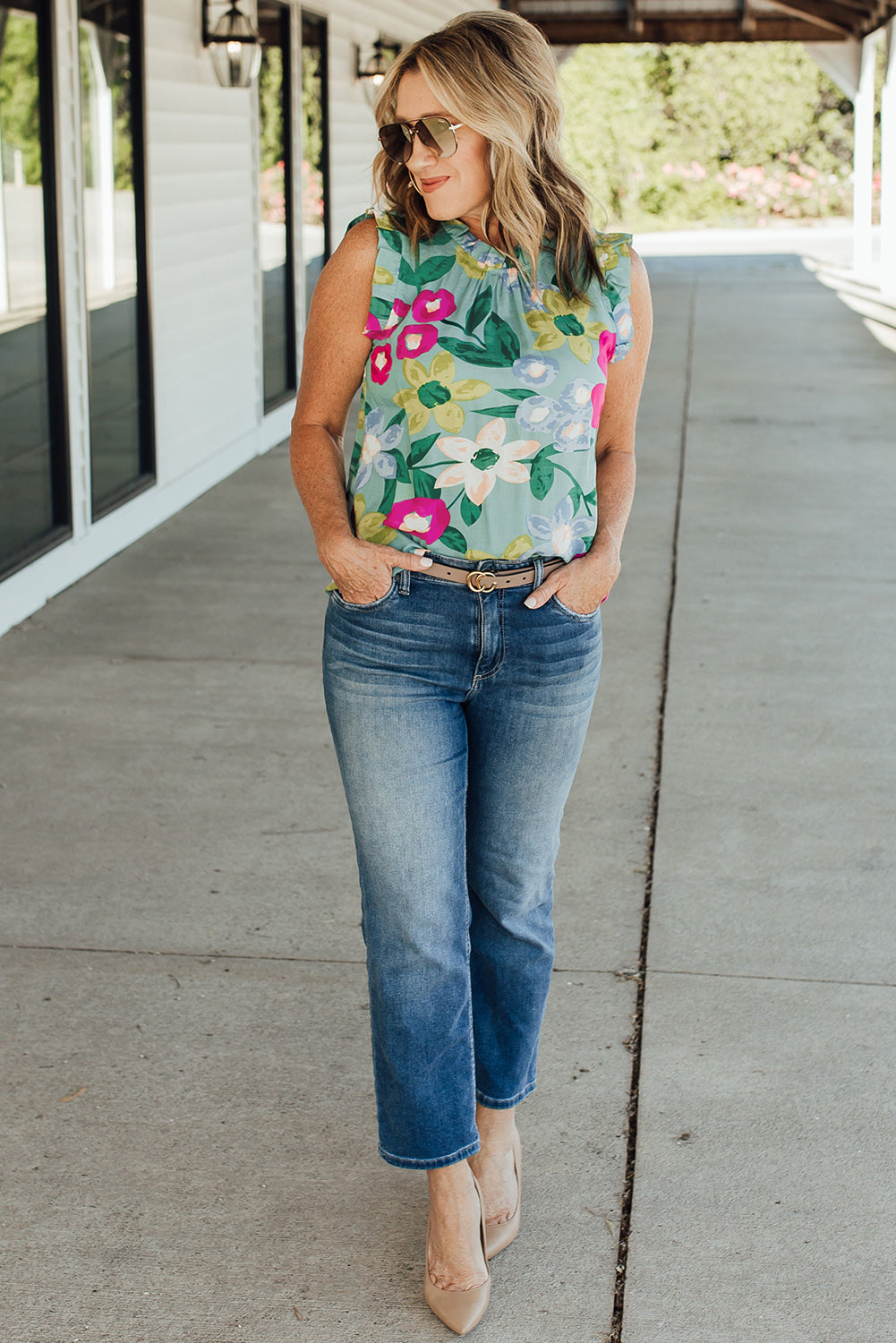 Green Floral Print Ruffle Trim Tank Top - Nicole Lee Apparel