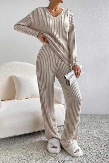 Plain Ribbed Loose Fit Two-Piece Lounge Set - Nicole Lee Apparel