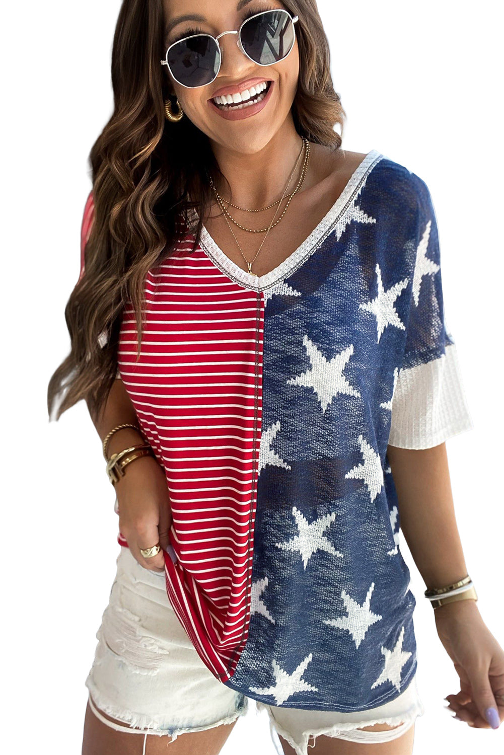 Multicolor Stripes Stars Print Knit Short Sleeves Top - Nicole Lee Apparel