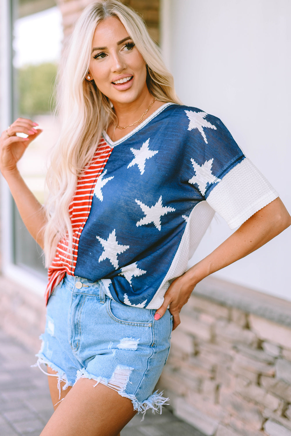 Multicolor Stripes Stars Print Knit Short Sleeves Top - Nicole Lee Apparel