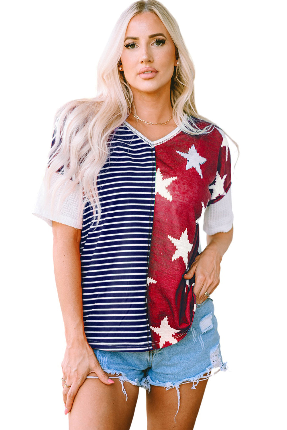 Multicolor Stripes Stars Print Knit Short Sleeves Top - Nicole Lee Apparel