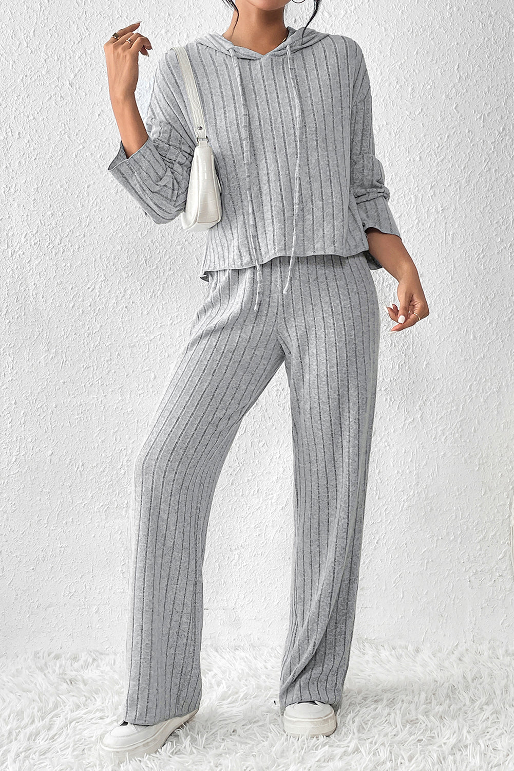 Plain Ribbed Loose Fit Two-Piece Lounge Set - Nicole Lee Apparel