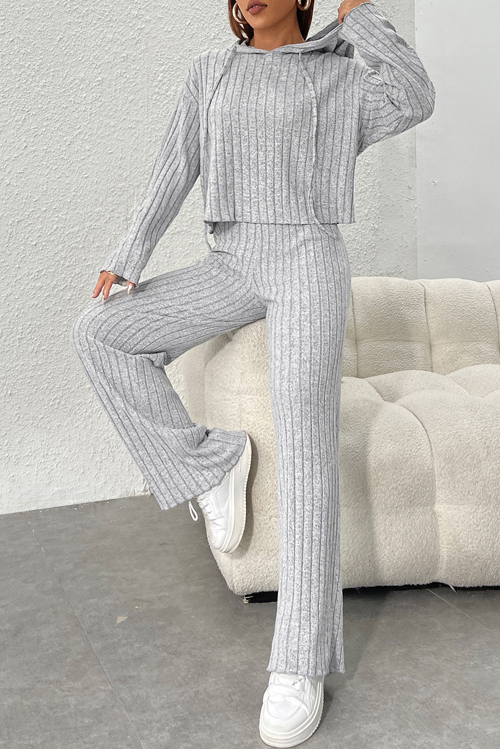 Plain Ribbed Loose Fit Two-Piece Lounge Set - Nicole Lee Apparel
