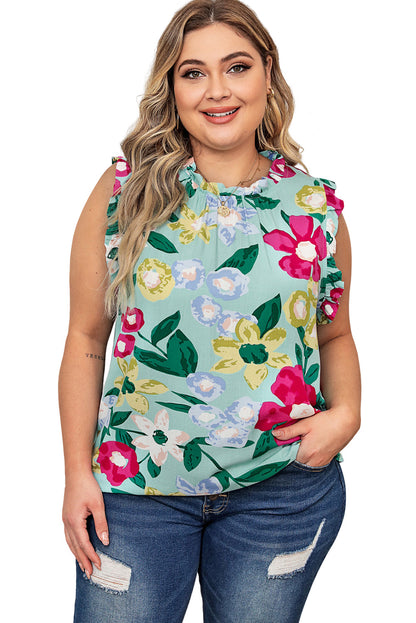 Green Floral Print Ruffle Trim Tank Top - Nicole Lee Apparel