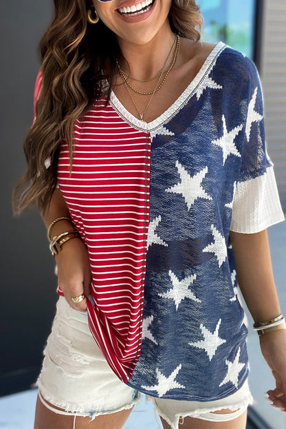 Multicolor Stripes Stars Print Knit Short Sleeves Top - Nicole Lee Apparel