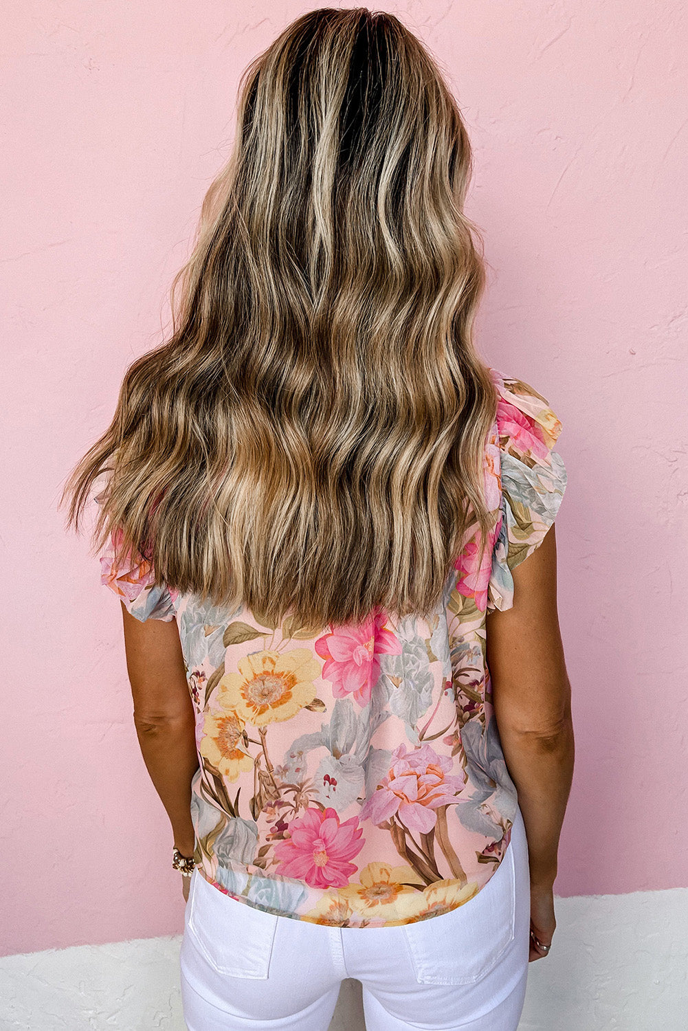 Pink Floral Print Tassel Tie Short Sleeve Blouse - Nicole Lee Apparel