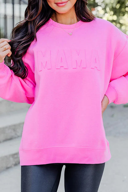 Bright Pink MAMA Letter Embossed Casual Sweatshirt - Nicole Lee Apparel