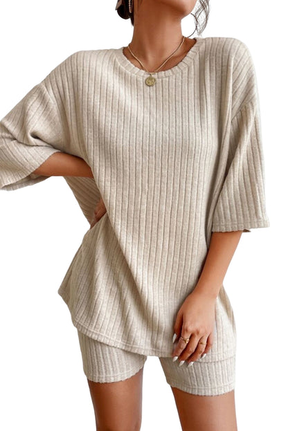 Plain Ribbed Loose Fit Two-Piece Lounge Set - Nicole Lee Apparel