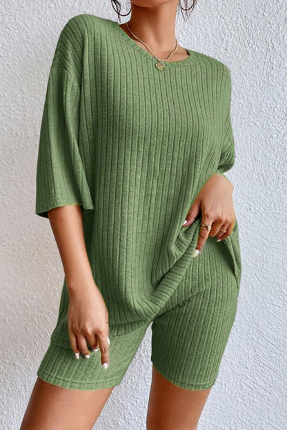 Plain Ribbed Loose Fit Two-Piece Lounge Set - Nicole Lee Apparel