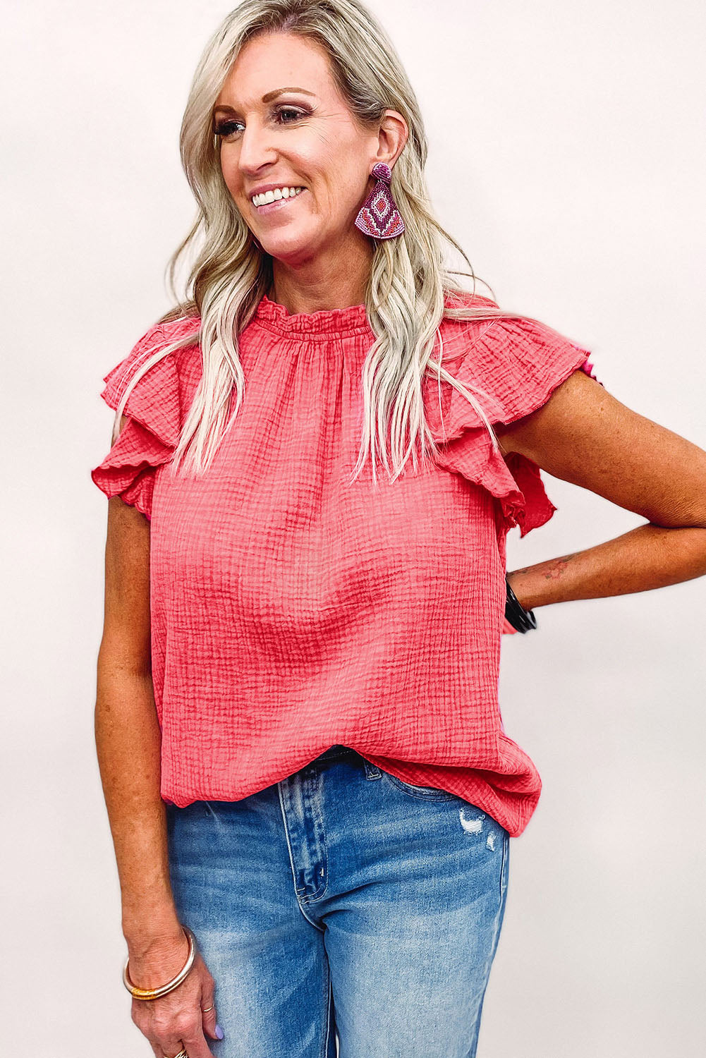 Rose Flutter Sleeve Frilled Neck Textured Blouse - Nicole Lee Apparel