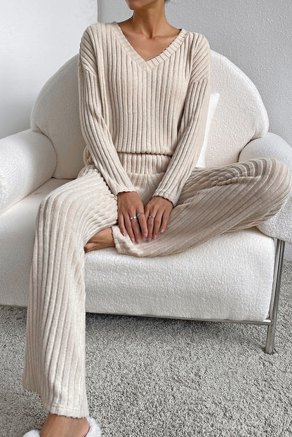 Plain Ribbed Loose Fit Two-Piece Lounge Set - Nicole Lee Apparel