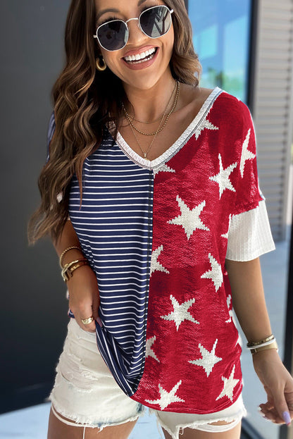 Multicolor Stripes Stars Print Knit Short Sleeves Top - Nicole Lee Apparel