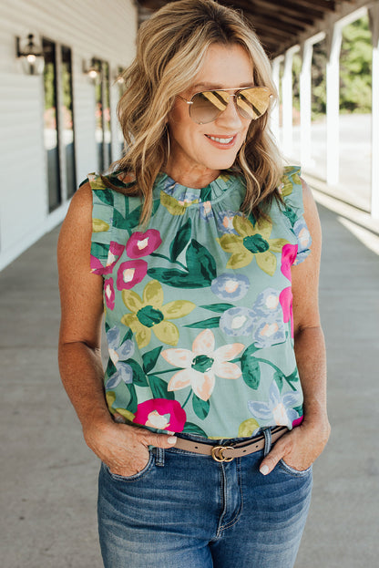 Green Floral Print Ruffle Trim Tank Top - Nicole Lee Apparel