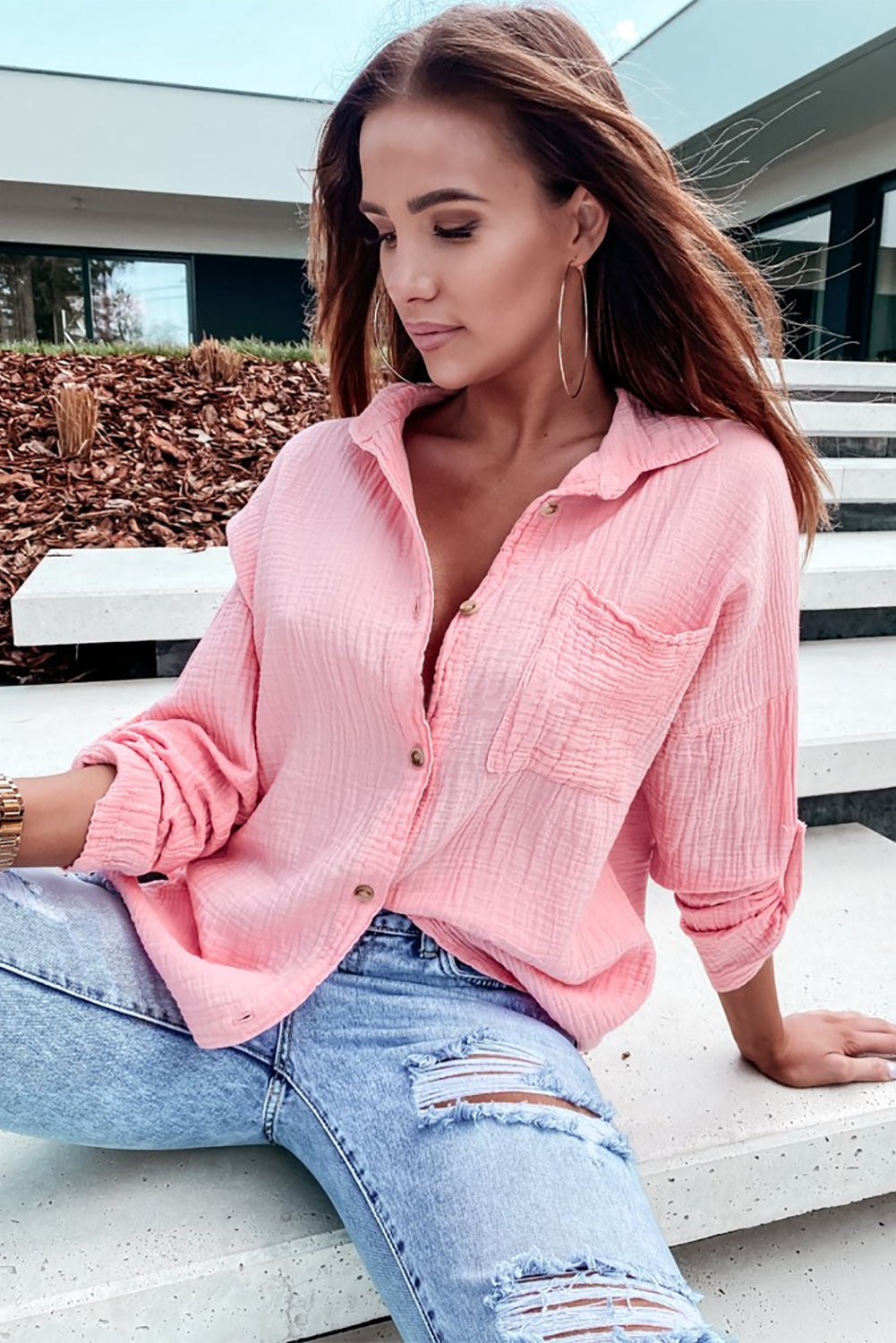 Pink Crinkle Texture Roll-tab Sleeve Shirt - Nicole Lee Apparel