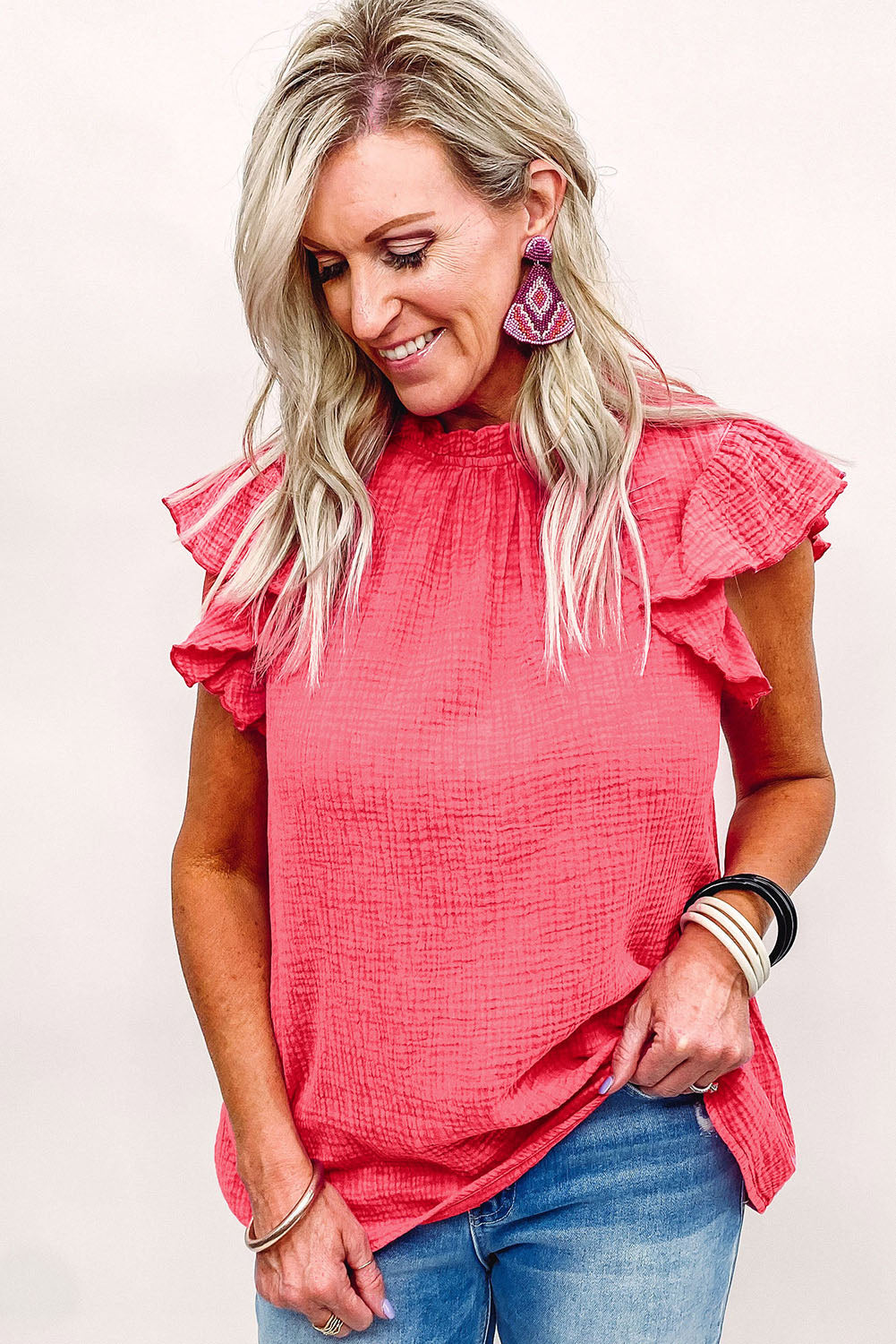 Rose Flutter Sleeve Frilled Neck Textured Blouse - Nicole Lee Apparel