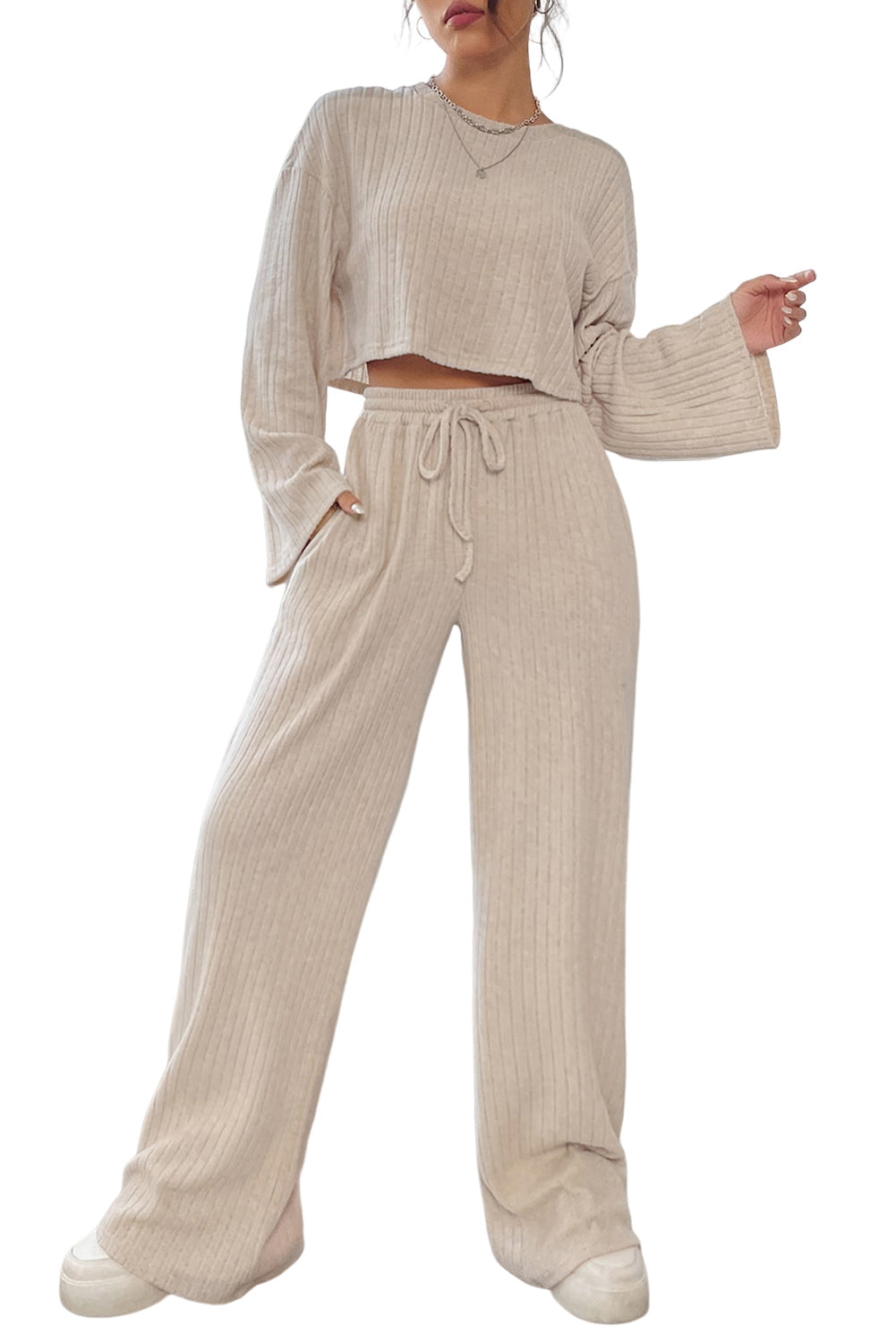 Plain Ribbed Loose Fit Two-Piece Lounge Set - Nicole Lee Apparel