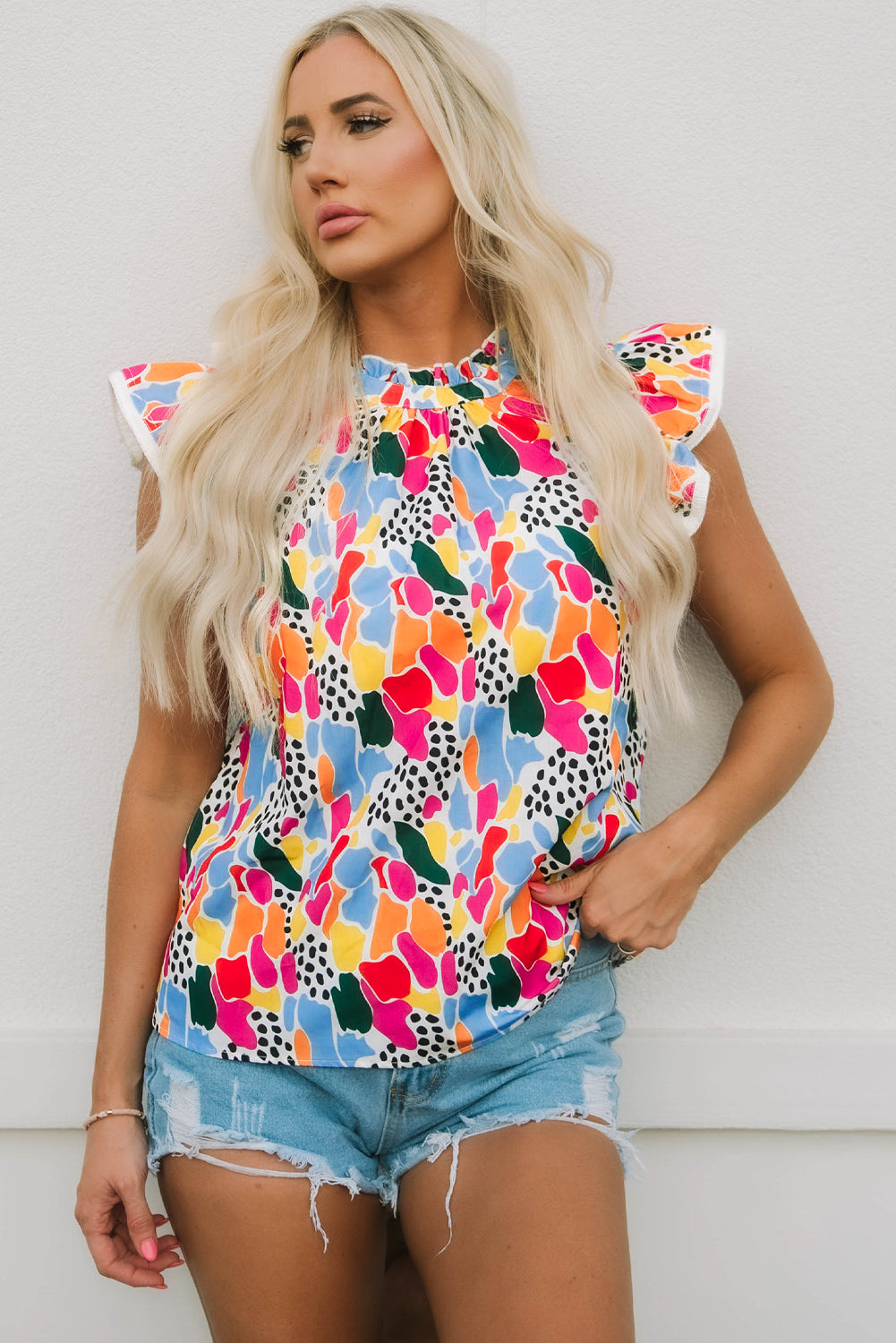 Multicolor Abstract Print High Neck Flutter Sleeves Top - Nicole Lee Apparel
