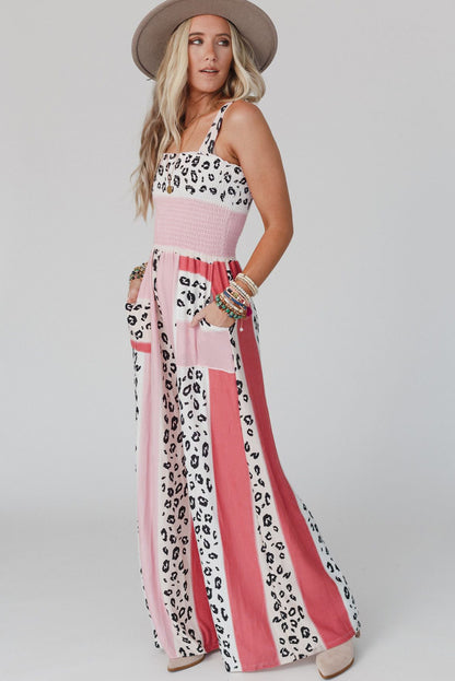 Pink Leopard Color Block Mix Print Pocketed Jumpsuit - Nicole Lee Apparel