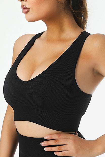 Sky Blue Ribbed U Neck Racer Back Sports Bra - Nicole Lee Apparel