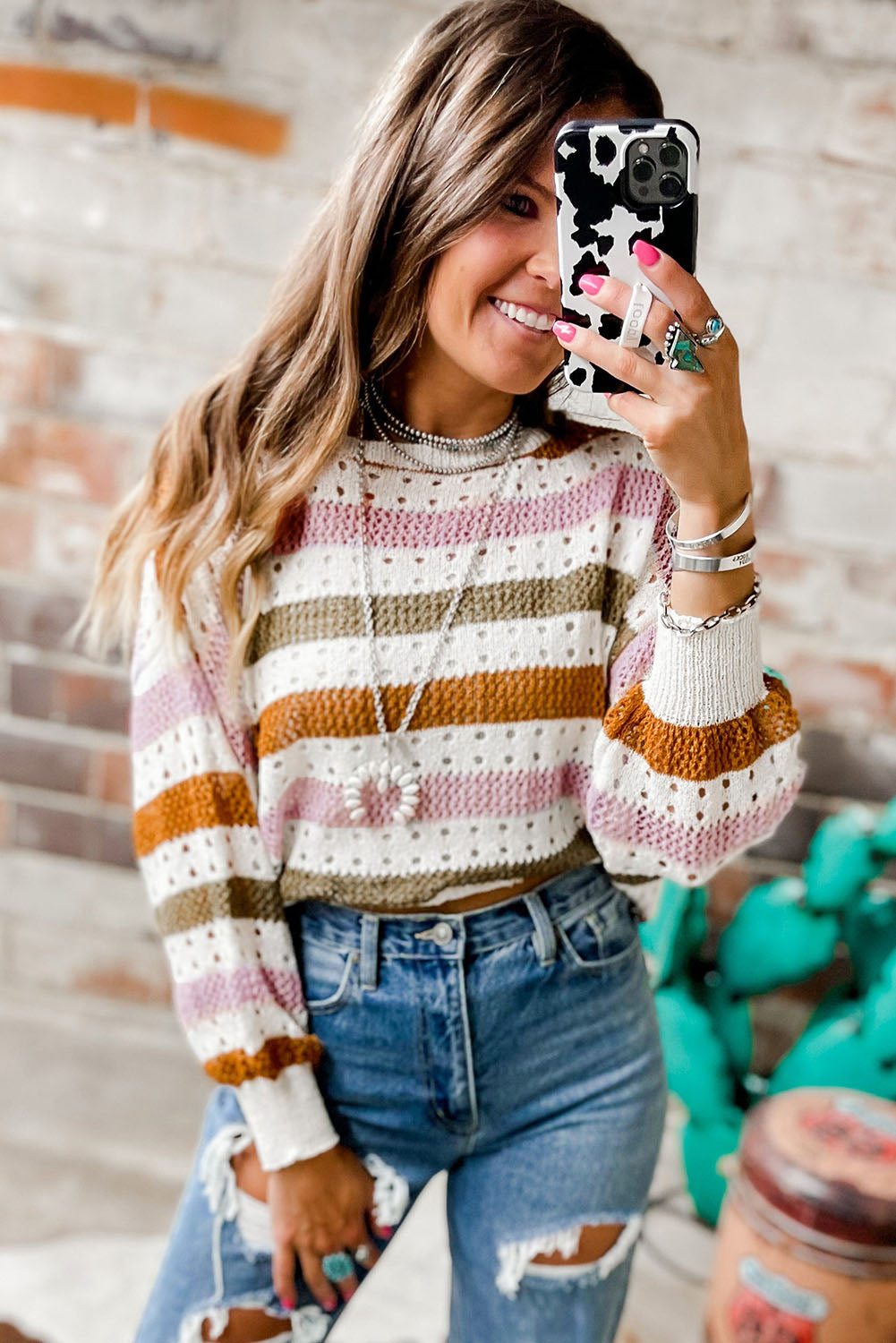 Multicolor Striped Hollowed Knitted Loose Sweater - Nicole Lee Apparel