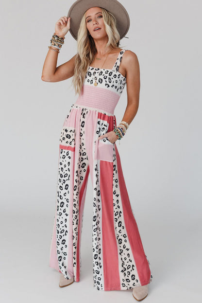 Pink Leopard Color Block Mix Print Pocketed Jumpsuit - Nicole Lee Apparel