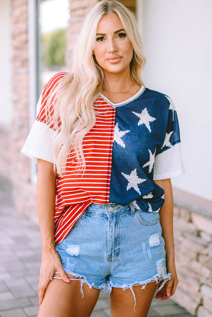 Multicolor Stripes Stars Print Knit Short Sleeves Top - Nicole Lee Apparel