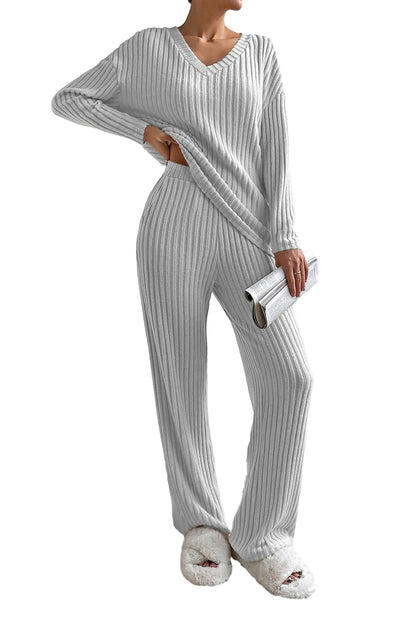 Plain Ribbed Loose Fit Two-Piece Lounge Set - Nicole Lee Apparel