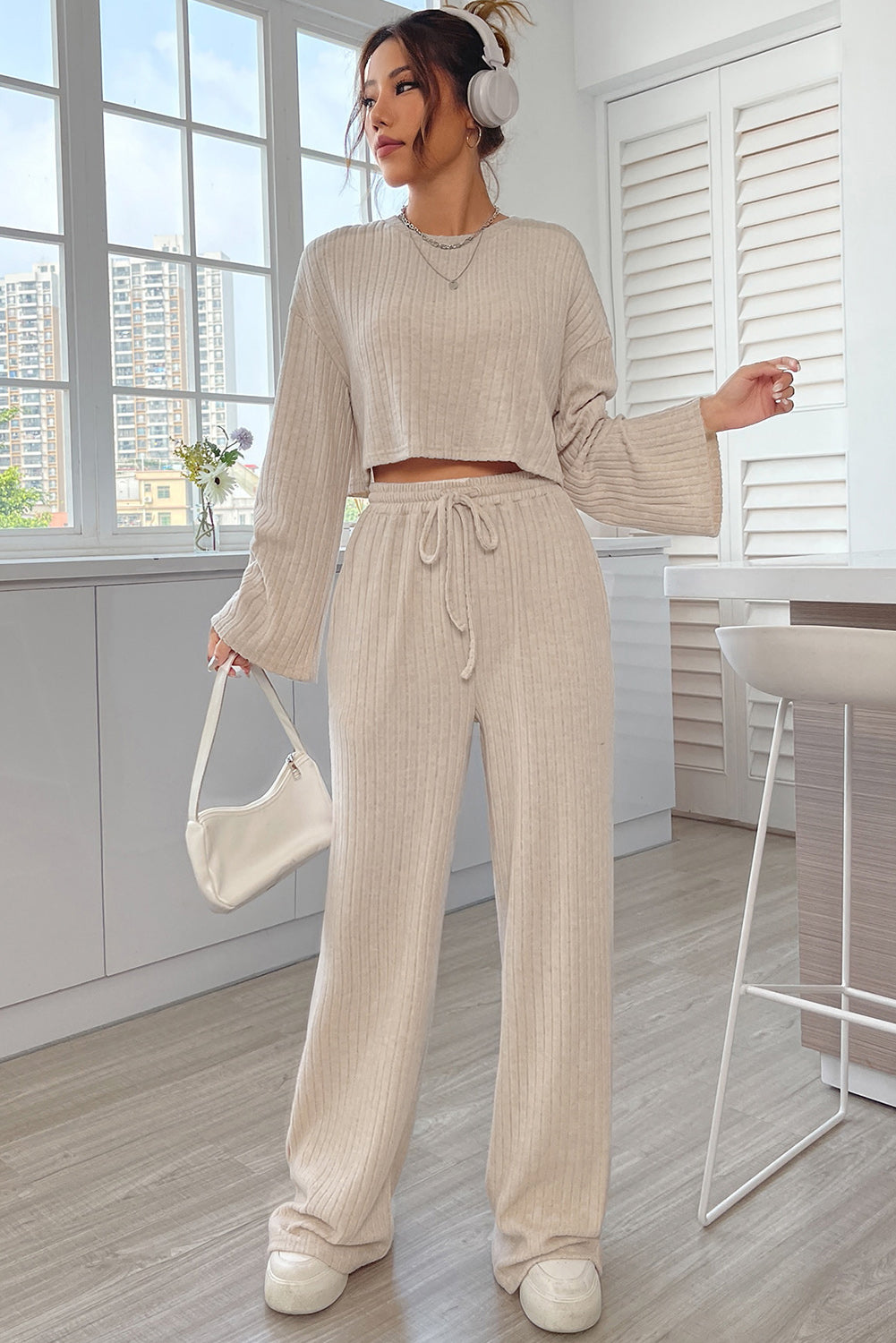 Plain Ribbed Loose Fit Two-Piece Lounge Set - Nicole Lee Apparel