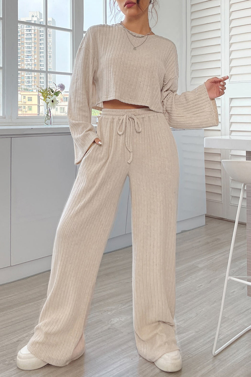 Plain Ribbed Loose Fit Two-Piece Lounge Set - Nicole Lee Apparel