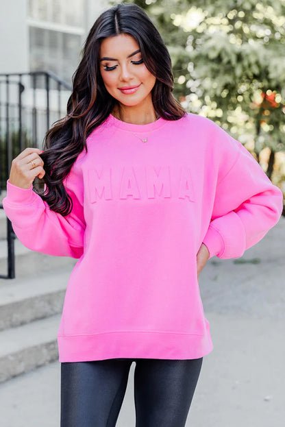 Bright Pink MAMA Letter Embossed Casual Sweatshirt - Nicole Lee Apparel