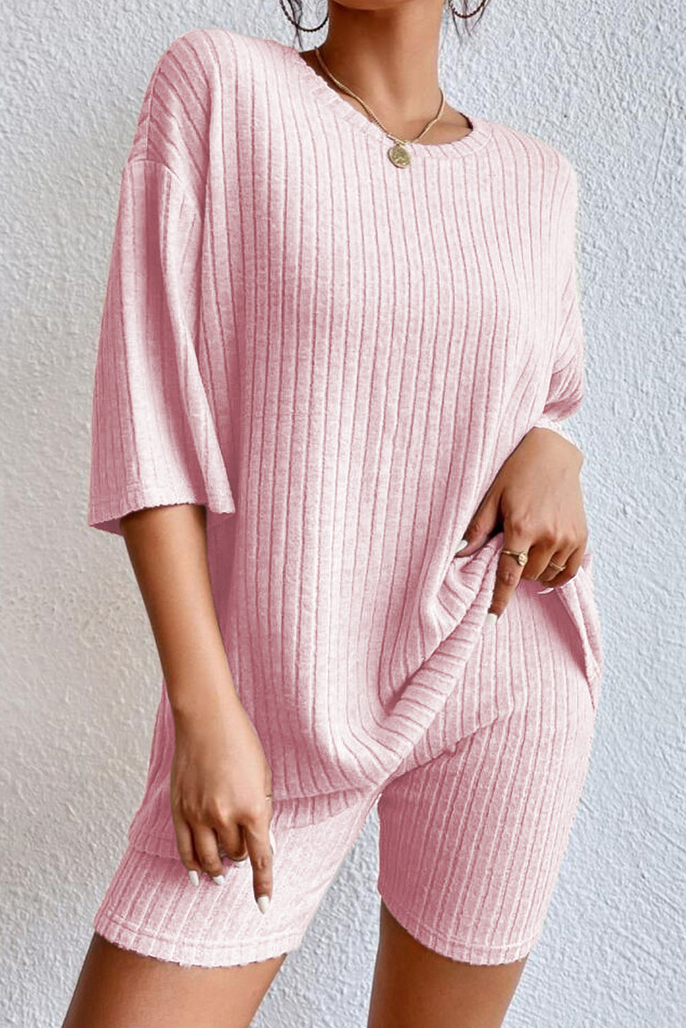 Plain Ribbed Loose Fit Two-Piece Lounge Set - Nicole Lee Apparel