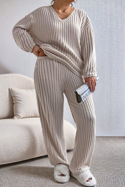 Plain Ribbed Loose Fit Two-Piece Lounge Set - Nicole Lee Apparel