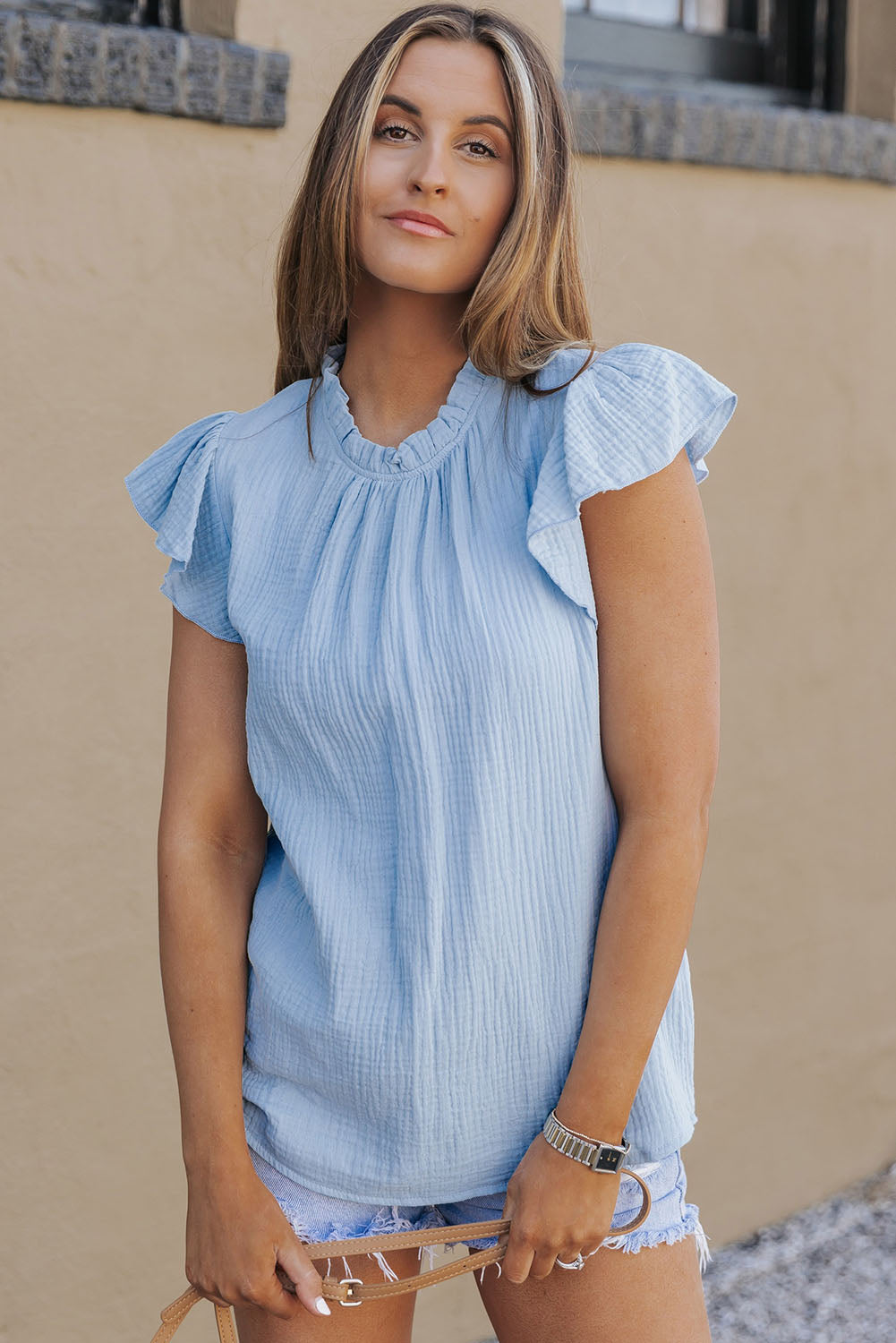 Rose Flutter Sleeve Frilled Neck Textured Blouse - Nicole Lee Apparel