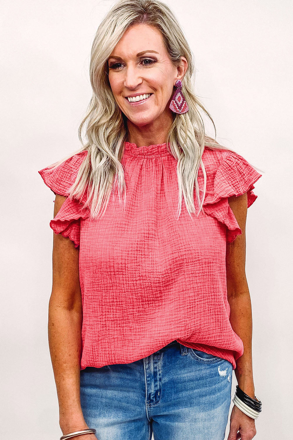 Rose Flutter Sleeve Frilled Neck Textured Blouse - Nicole Lee Apparel