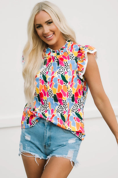 Multicolor Abstract Print High Neck Flutter Sleeves Top - Nicole Lee Apparel