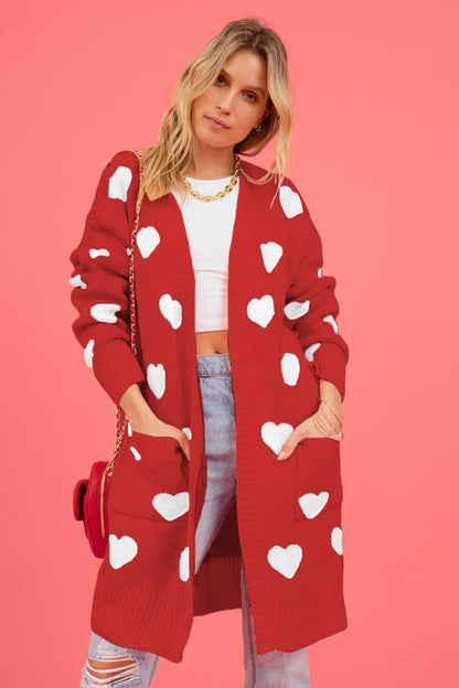 Heart Graphic Open Front Cardigan with Pockets - Nicole Lee Apparel