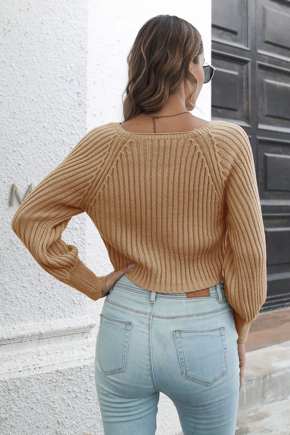 Cropped Round Neck Raglan Sleeve Ribbed Pullover Sweater - Nicole Lee Apparel