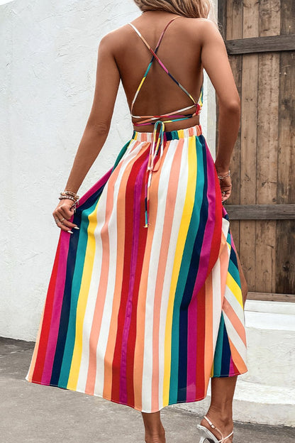 Multicolored Stripe Crisscross Backless Dress - Nicole Lee Apparel