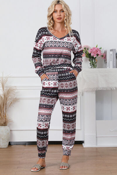 Printed V-Neck Top and Pants Lounge Set - Nicole Lee Apparel