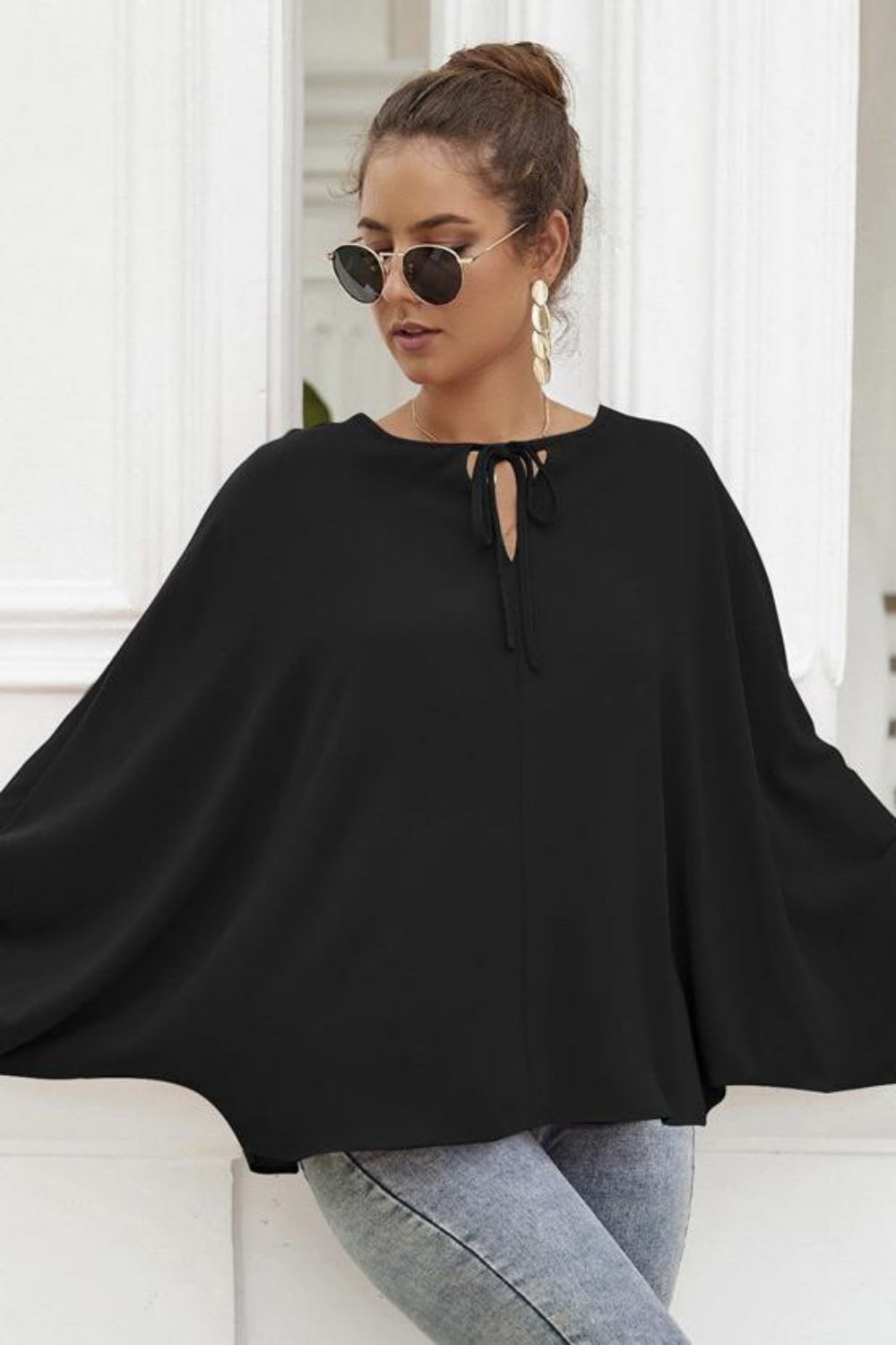 Tie Neck Balloon Sleeve Blouse - Nicole Lee Apparel