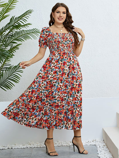 Plus Size Floral Smocked Square Neck Dress - Nicole Lee Apparel