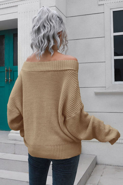 Off-Shoulder Ribbed Long Sleeve Pullover Sweater - Nicole Lee Apparel