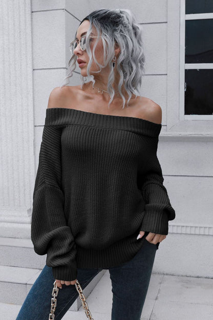 Off-Shoulder Ribbed Long Sleeve Pullover Sweater - Nicole Lee Apparel